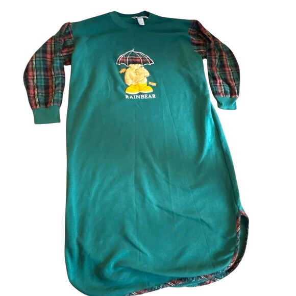 Vintage 90s Night Gear Sweatshirt Nightgown One Size Teddy Rain Bear Plaid Comfy - Picture 1 of 12